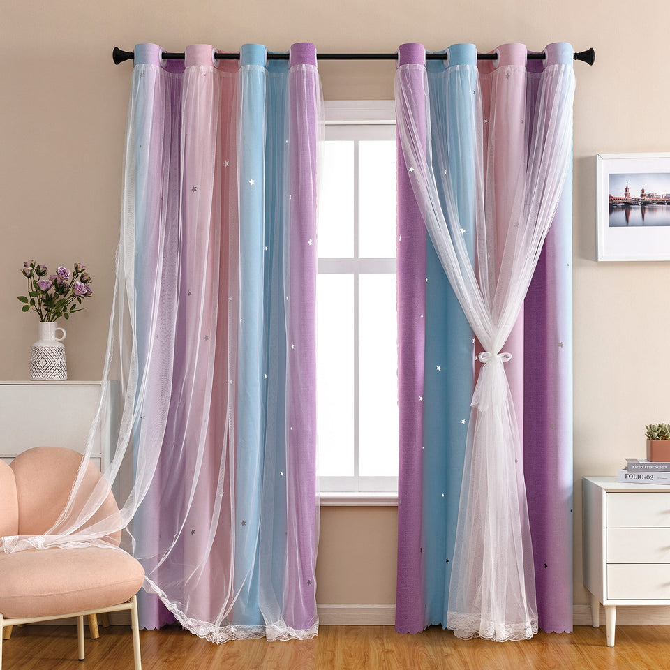 XiDi Dream Star curtain sheer layer with lace edges adds privacy and elegance.