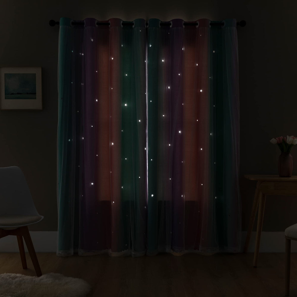 XiDi Dream Star curtain set includes panel, tie, and bows for quick styling.