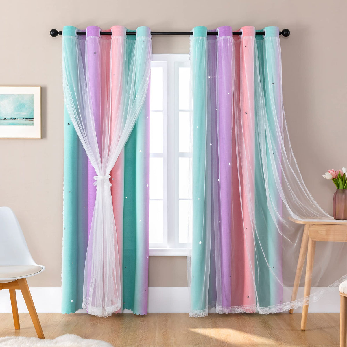 XiDi rainbow unicorn curtains front view brightens a girl's room with playful color.