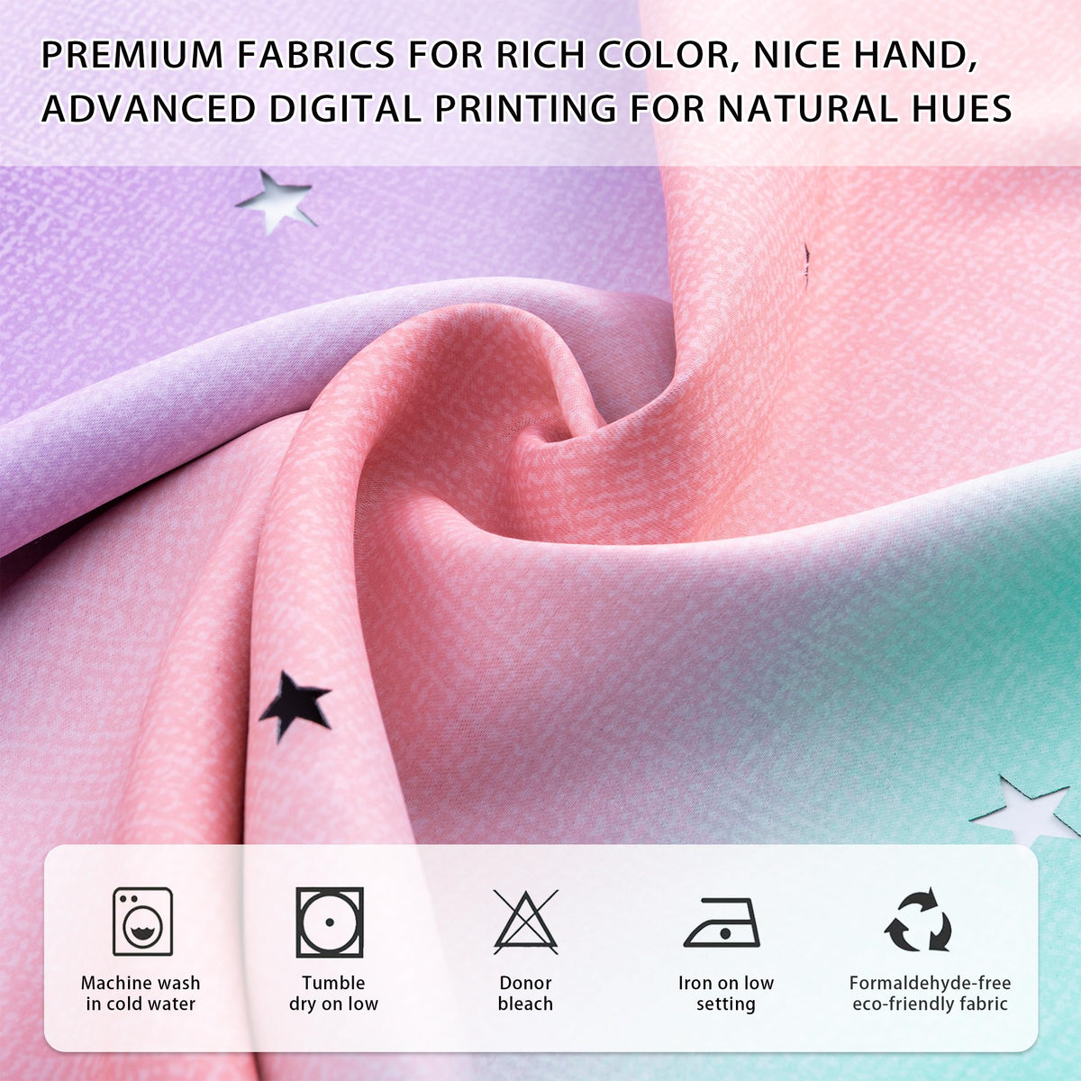 XiDi rainbow unicorn curtains lace edge detail adds a graceful finishing touch.