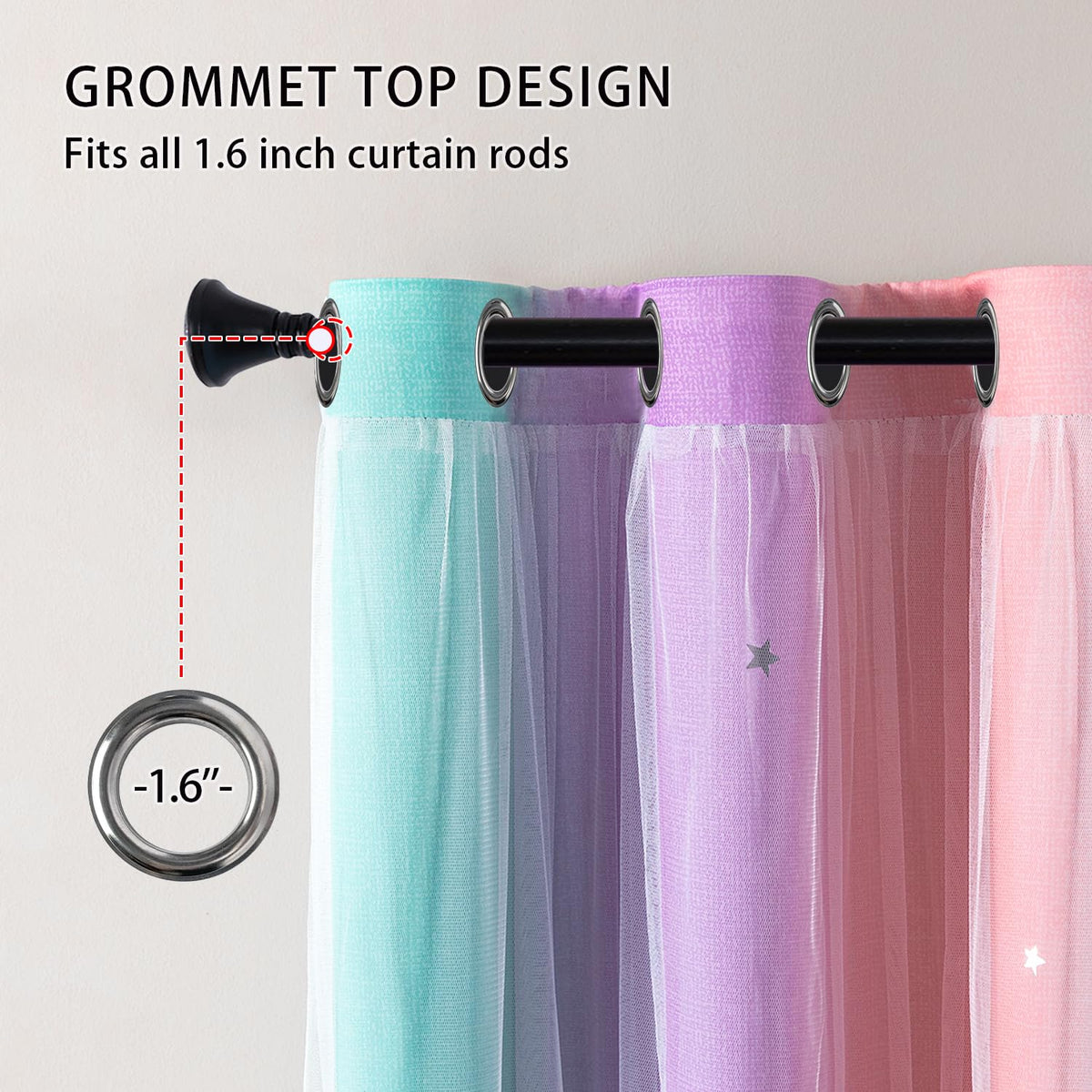 XiDi rainbow unicorn curtains sunlight filtering through stars creates magical shimmer.