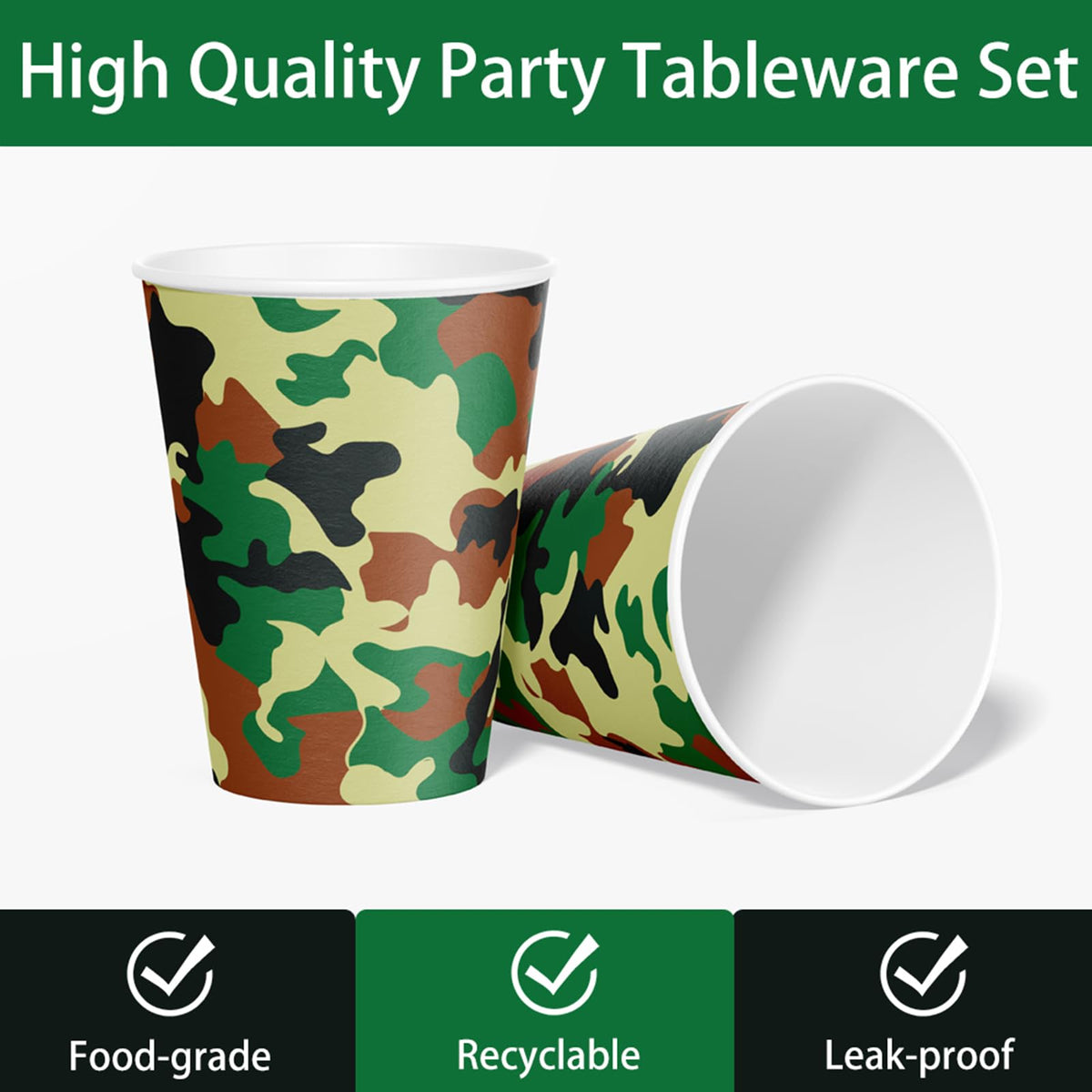 XIENBLOC camo cups: leak-resistant for cold drinks at camp-style gatherings.