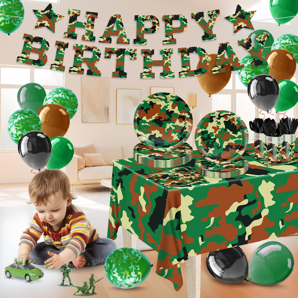 XIENBLOC camo tablecloth and banner: cohesive camouflage decor for immersive setups.