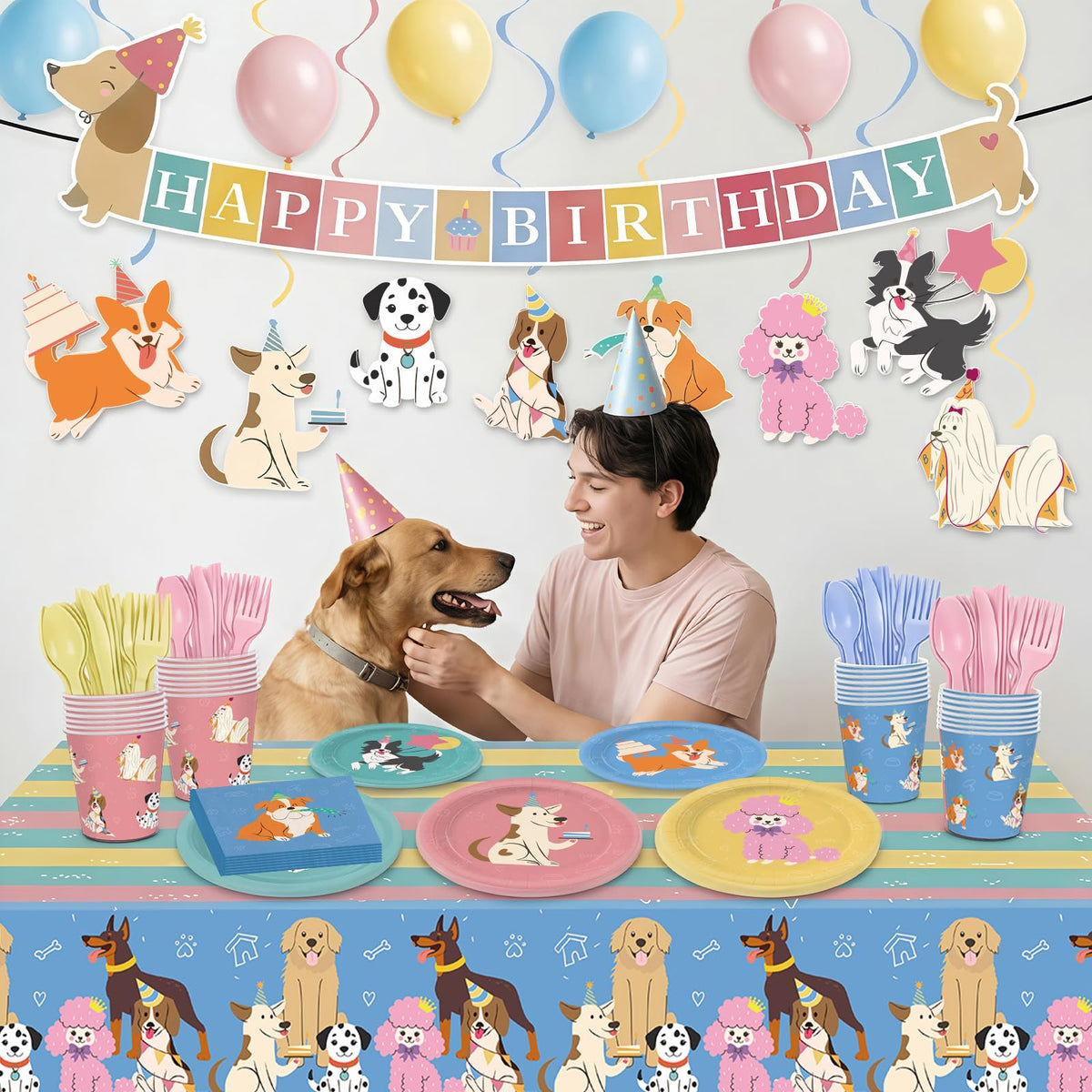 XIENBLOC hanging swirls add playful movement to the dog party.