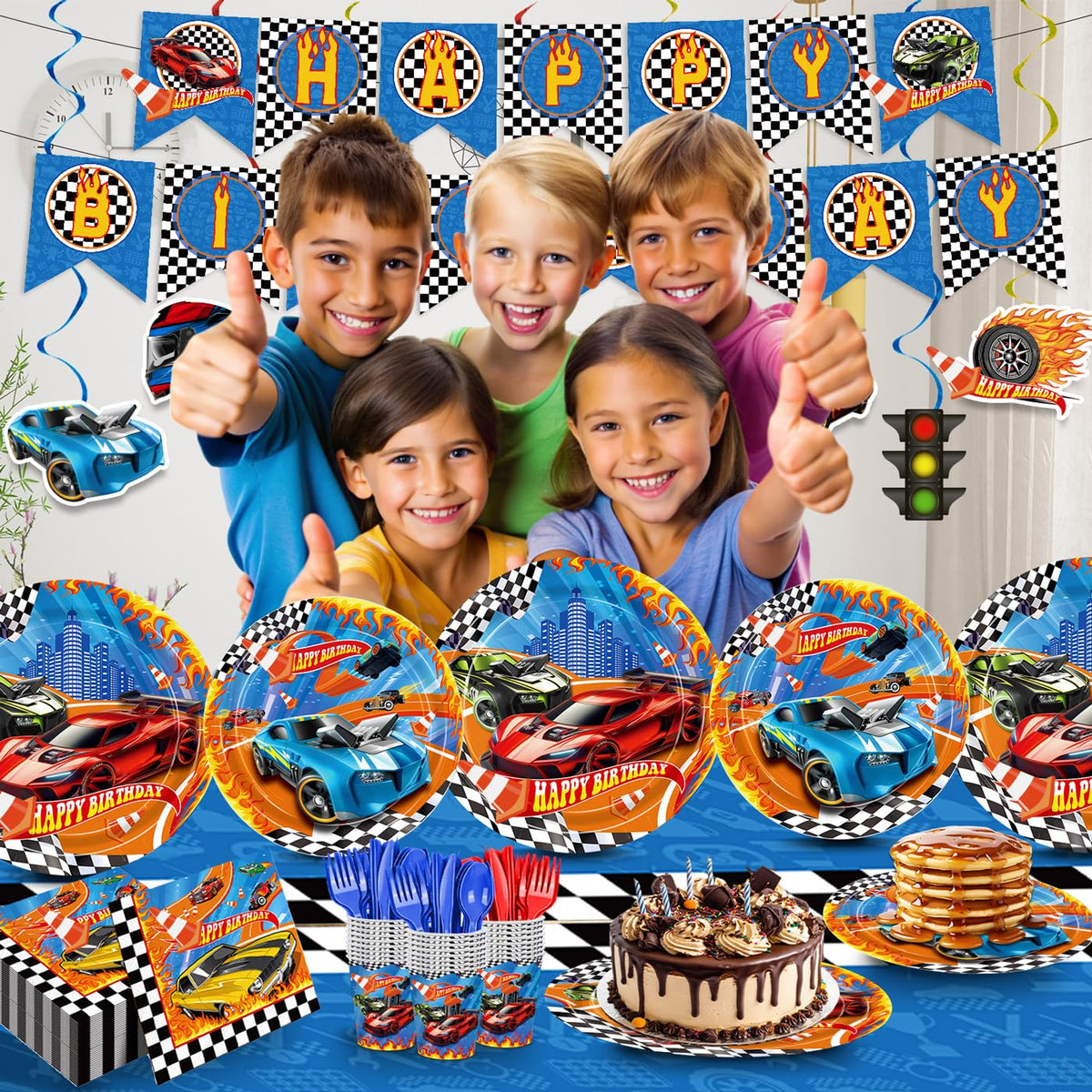 XIENBLOC happy birthday banner with race car motif enhances party décor