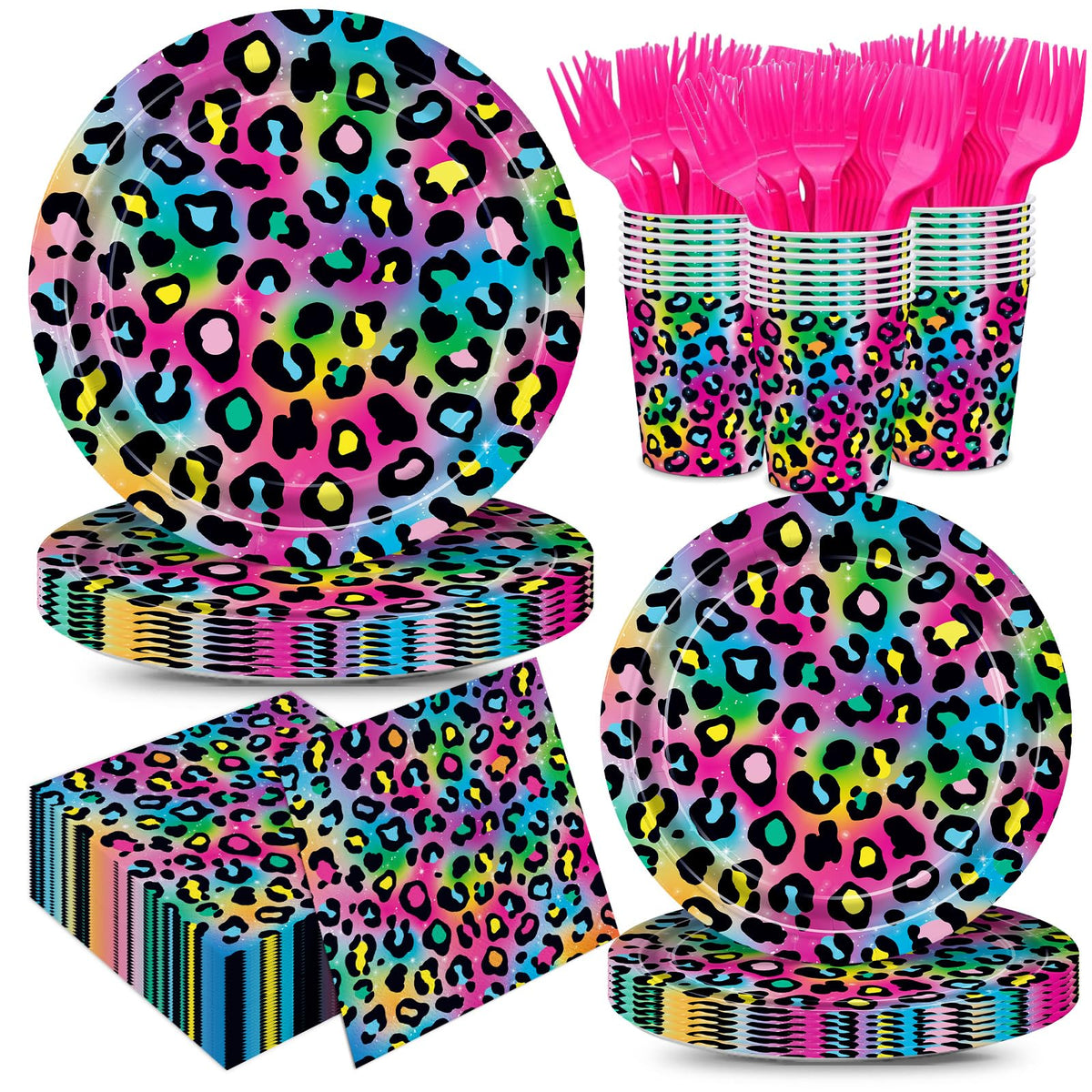 XIENBLOC neon rainbow leopard dinner plates for a vibrant party table