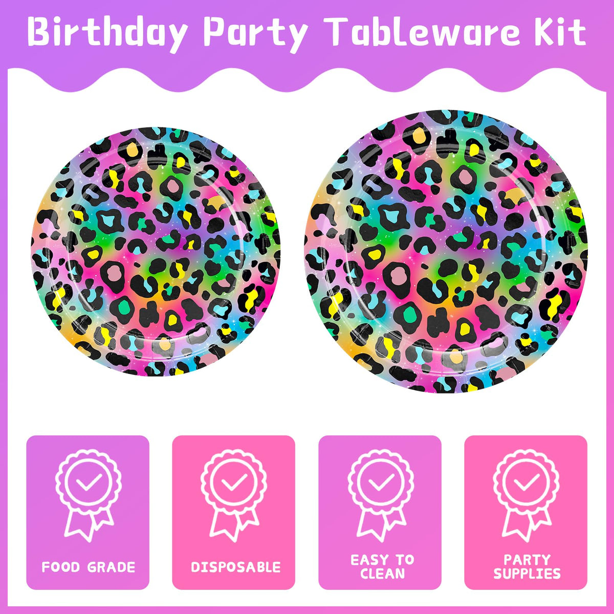 XIENBLOC neon rainbow leopard napkins coordinate with the theme and simplify cleanup