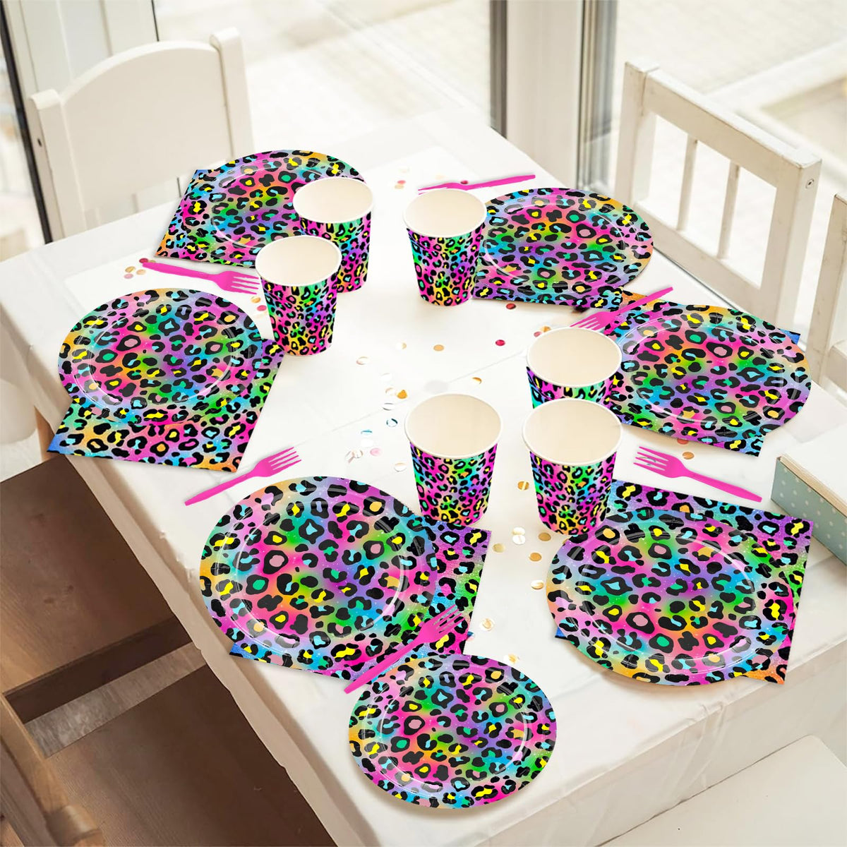 XIENBLOC neon rainbow leopard complete set-packaging creates cohesive party visuals and easy setup