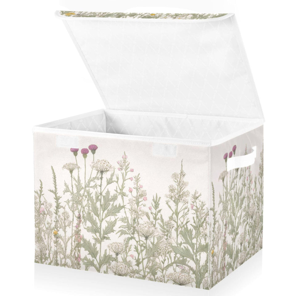 Xigua storage bin with lid featuring vintage herbs and flowers for dust-free organizing.