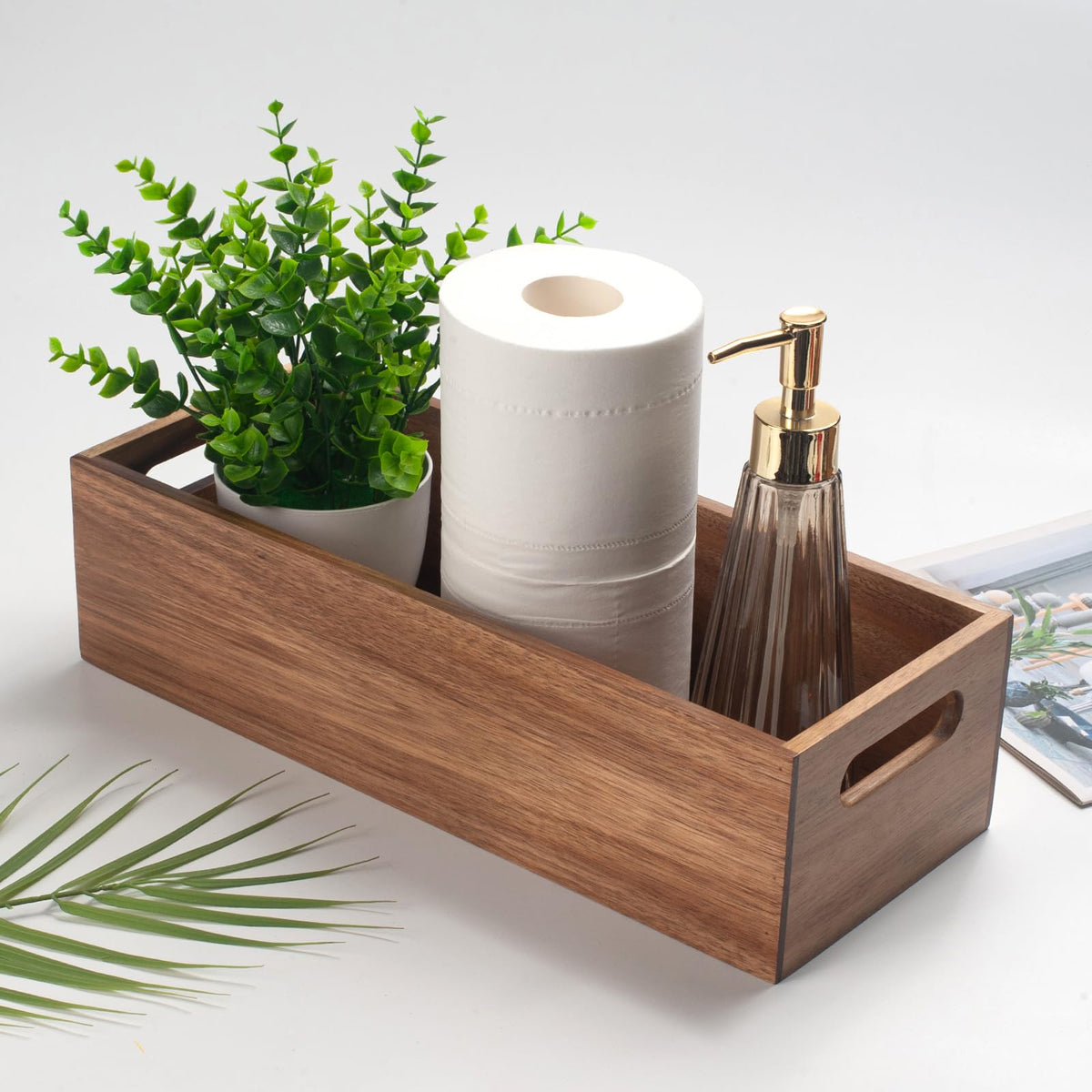 XIMISISE wood basket with clean lines for elegant, clutter-free counter organization.