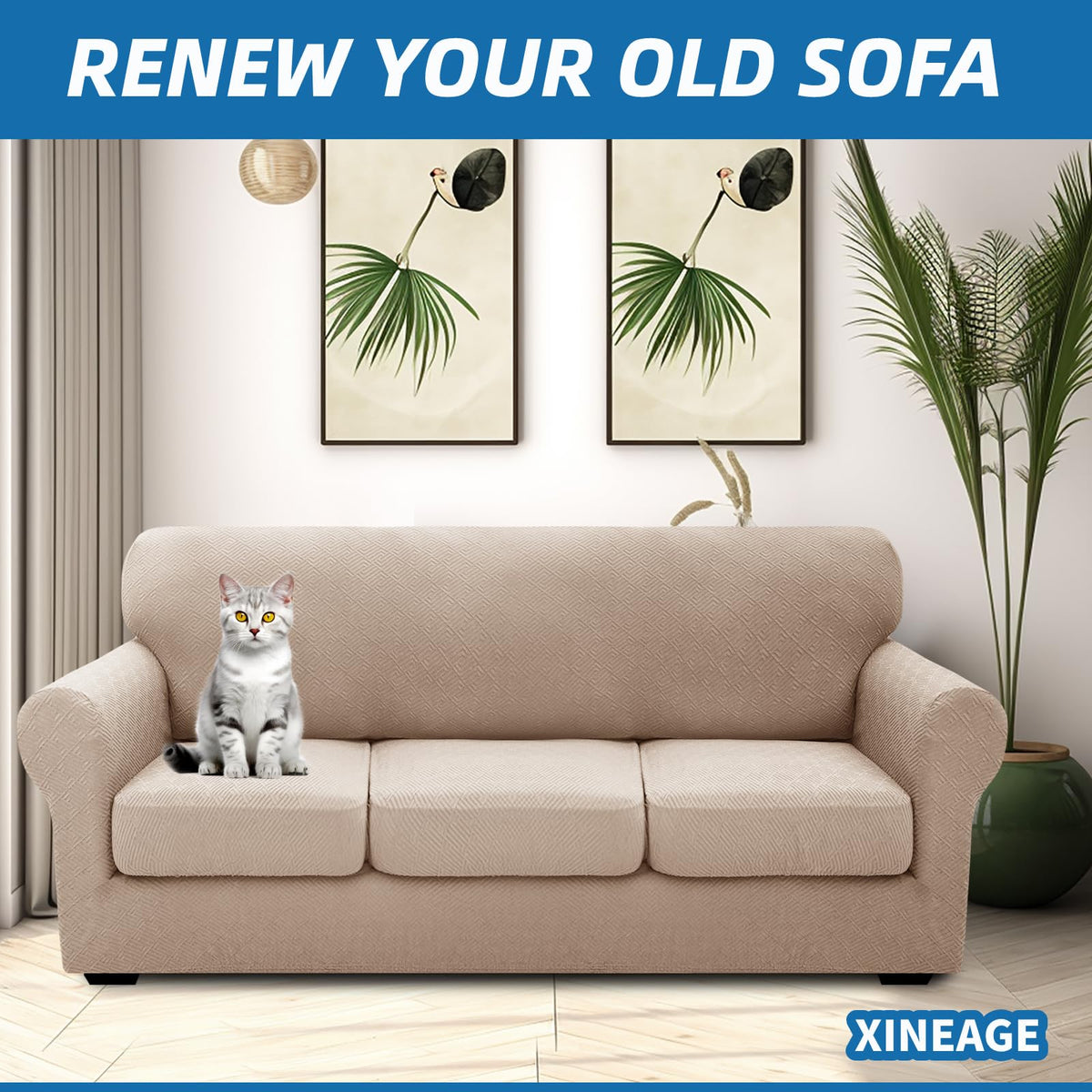XINEAGE slipcovers with anti-slip edges and straps for secure fit.