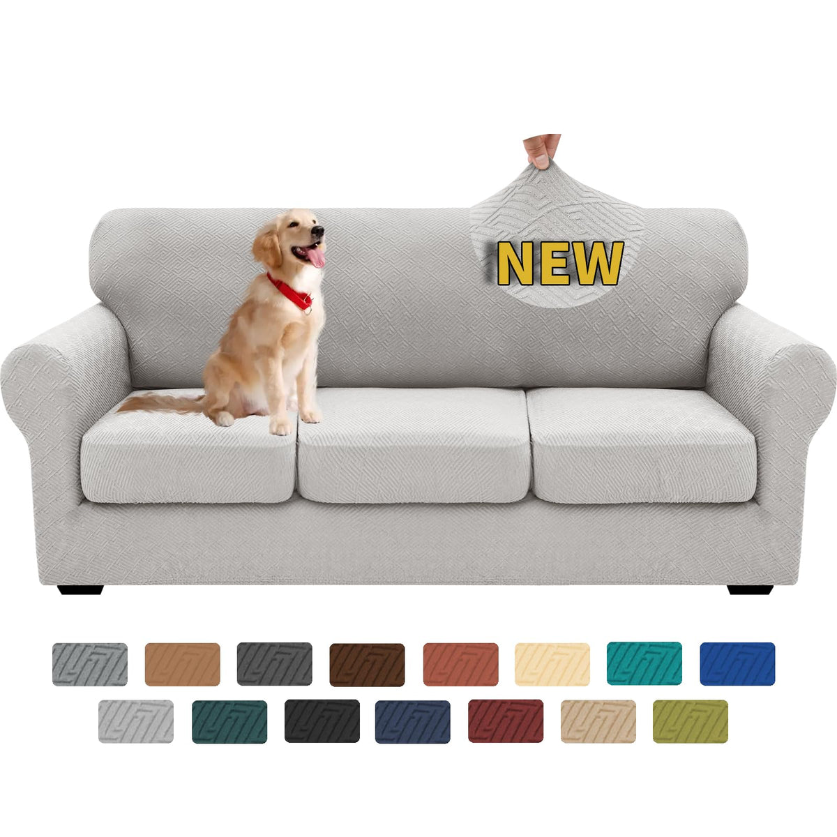 XINEAGE four-piece couch cover set on a 3-cushion sofa in Silver Grey for full coverage.