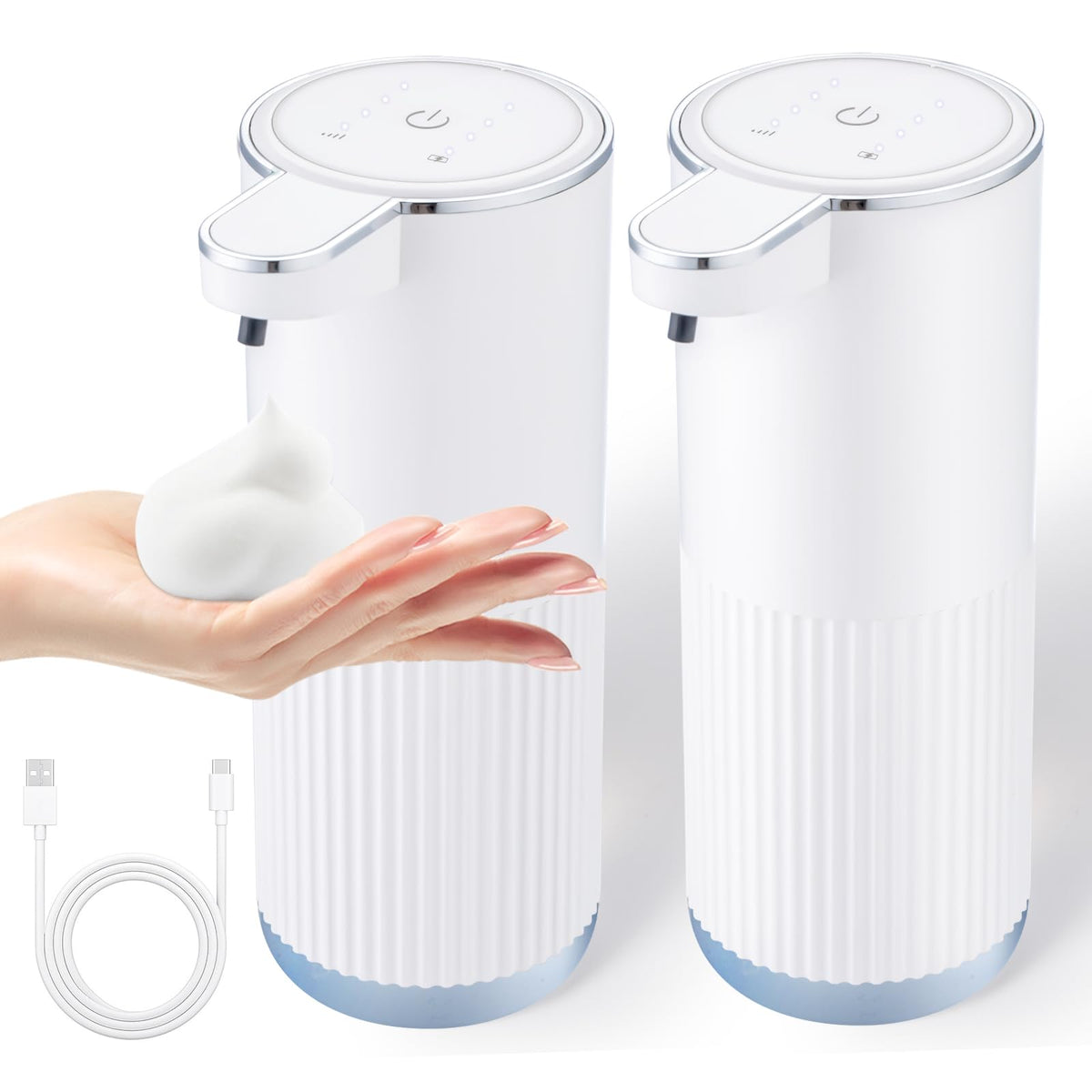 XINKORA 2-pack automatic soap dispenser front view promoting touchless handwashing.