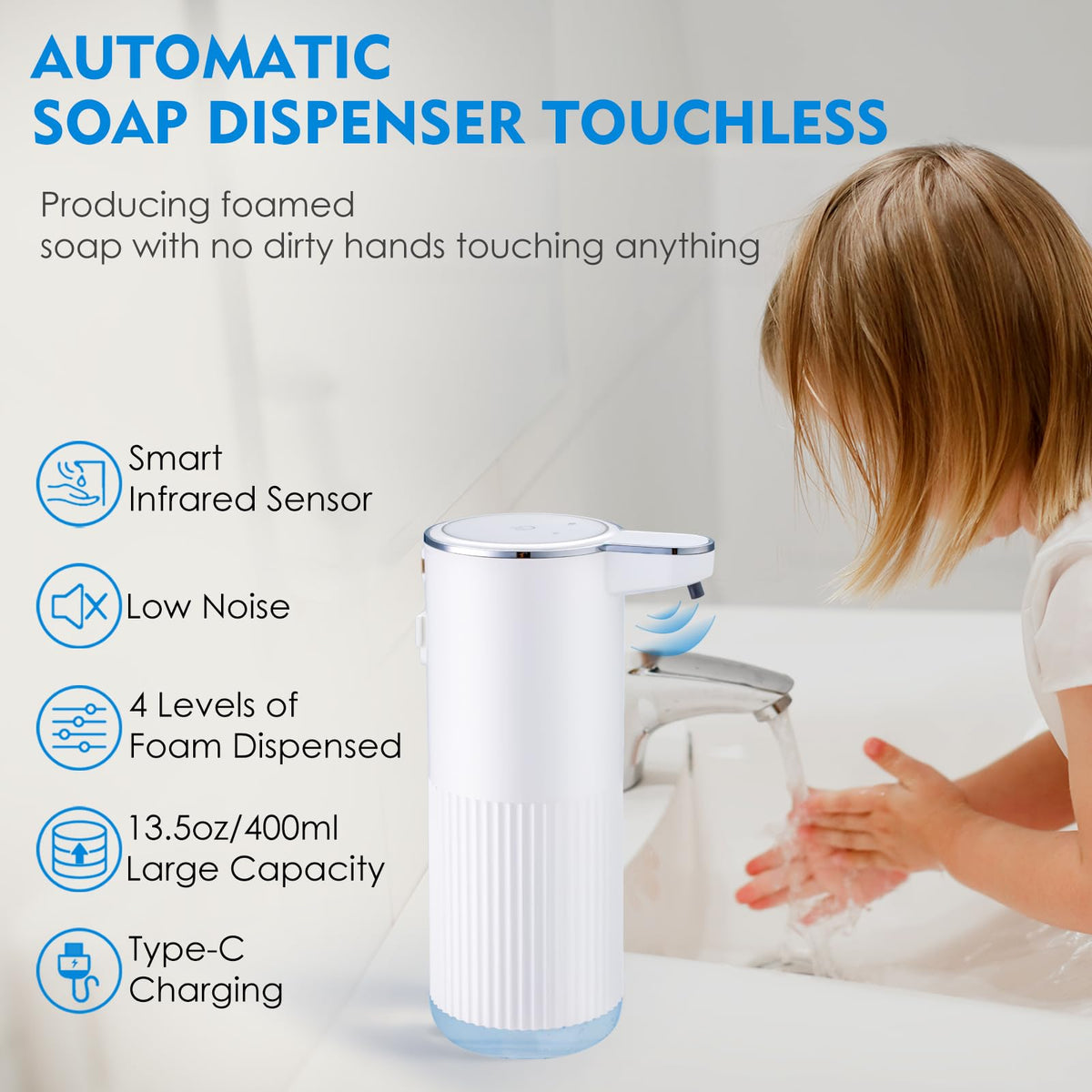 XINKORA rechargeable foaming dispenser USB charging port close-up for easy charging.