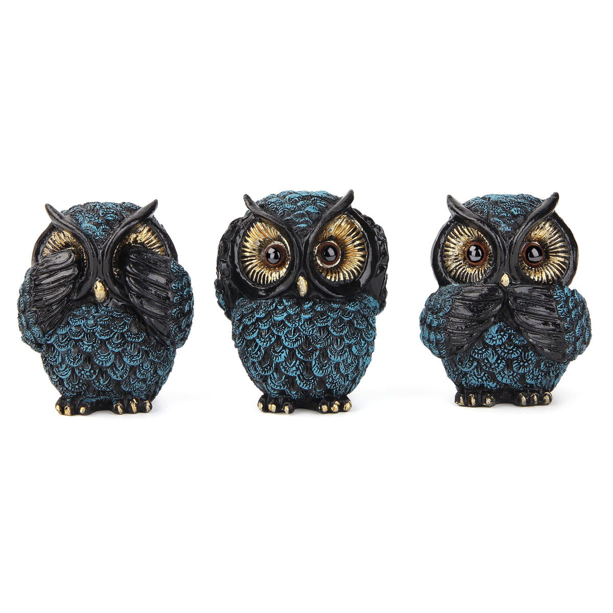 Xintim three-wise-owls statue set on display for living room decor