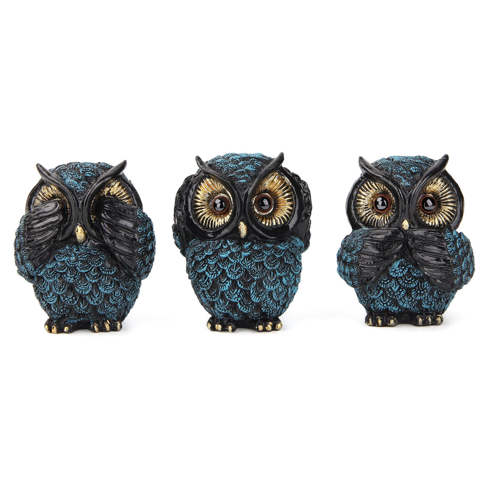 Xintim three-wise-owls statue set on display for living room decor