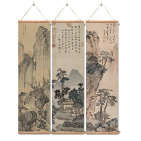 Xinyuru landscape 01 wood scroll front view enhances a calm living room.