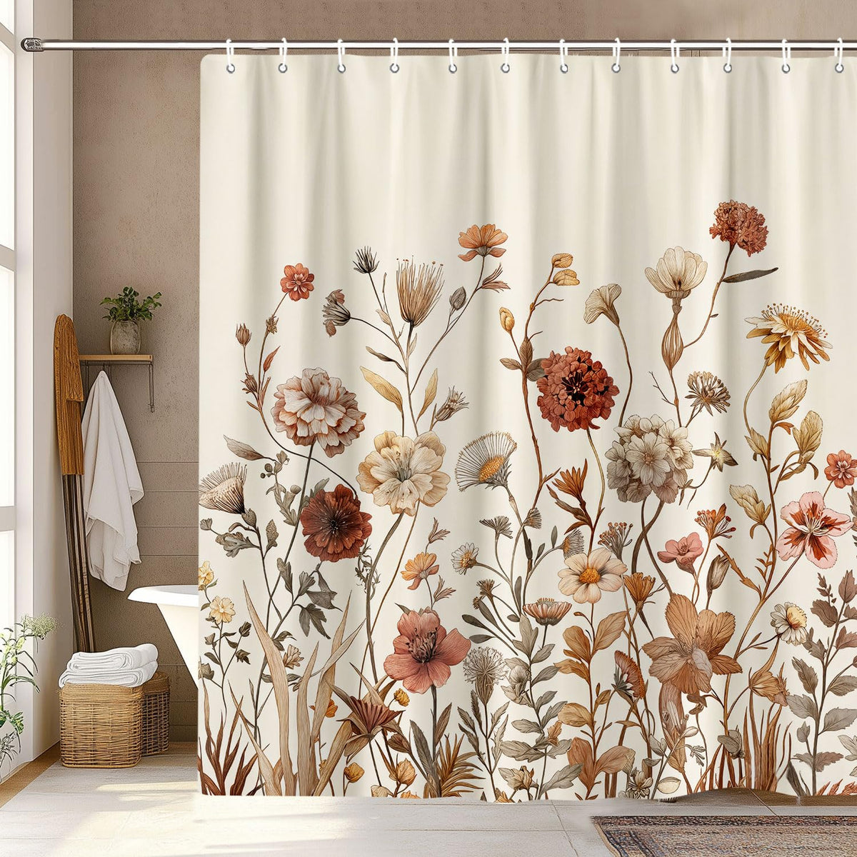 Xioistiy rustic farmhouse brown cream curtain pattern adds warmth to the bath.