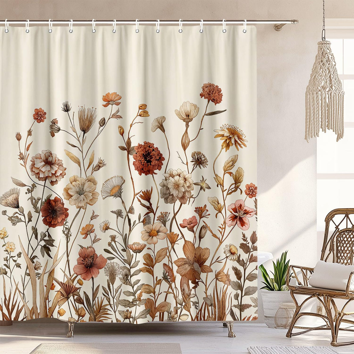 Xioistiy vintage boho beige floral shower curtain enhances bathroom style with lasting fabric.