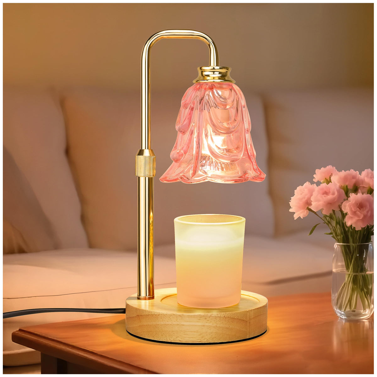 XJZJY candle warmer lamp pink tulip table-top design enhances ambiance and fragrance without flame.