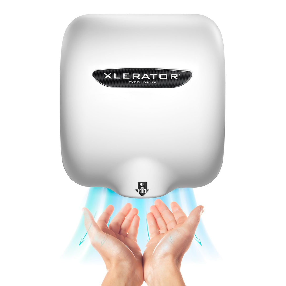 XLERATOR XL-BW hand dryer with white cover in a modern restroom setting.