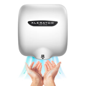 XLERATOR XL-BW hand dryer with white cover in a modern restroom setting.