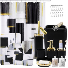 XLHOMO black shower curtain and set creates a cohesive modern bathroom look