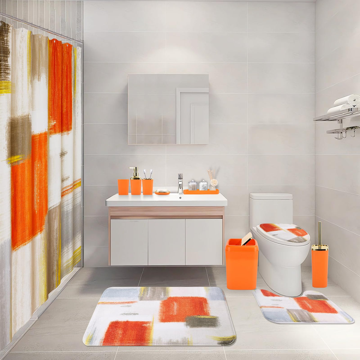 XLHOMO orange bathroom tray coordinates accessories for a tidy countertop.