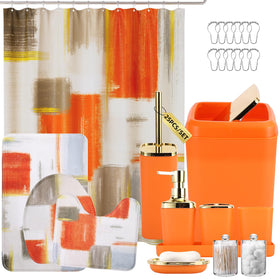 XLHOMO orange shower curtain with landscape print for quick-drying bath decor.