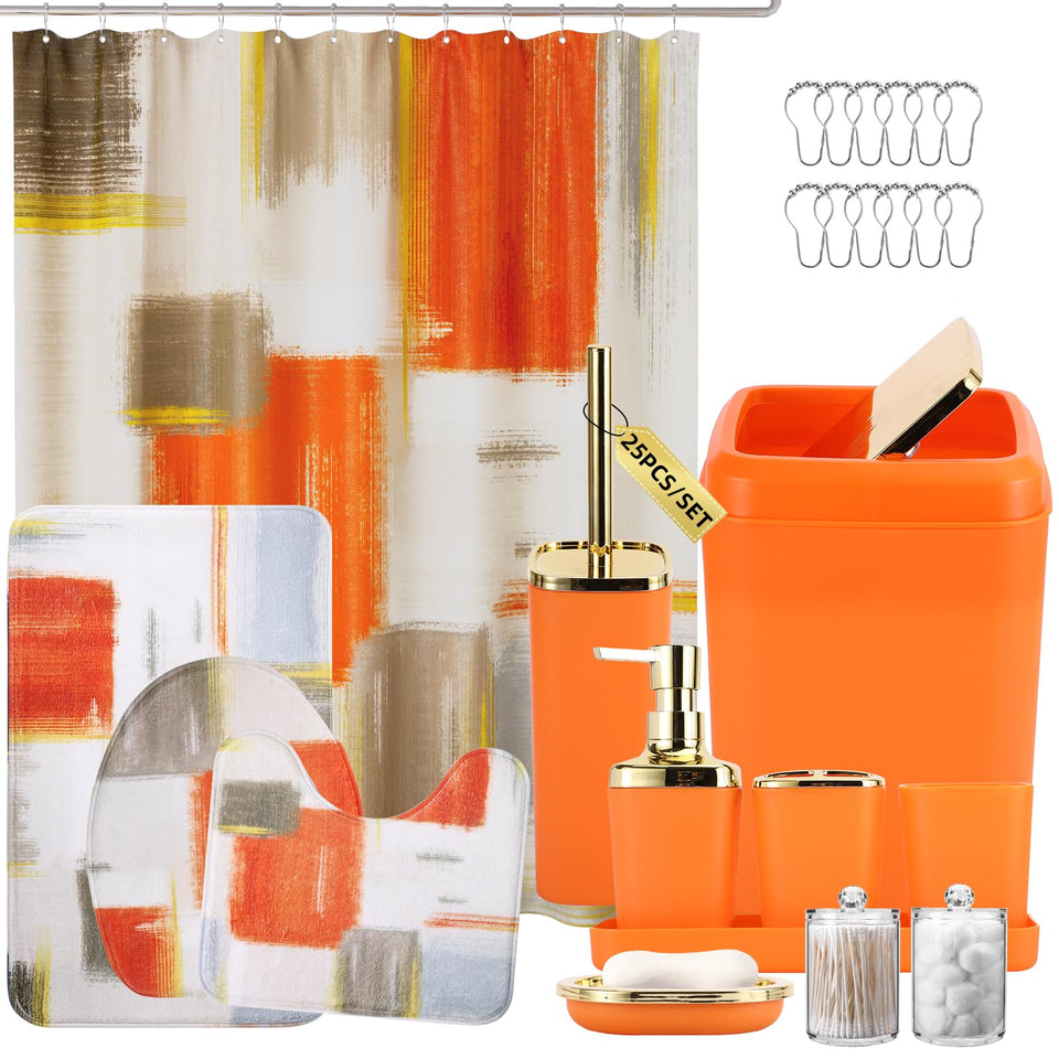 XLHOMO orange shower curtain with landscape print for quick-drying bath decor.