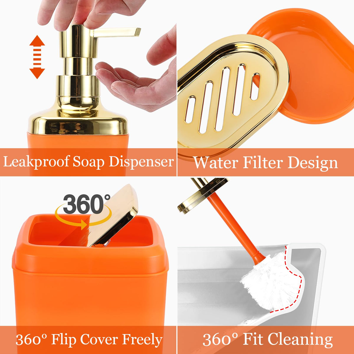 XLHOMO orange toilet trash can for modern bathroom organization.
