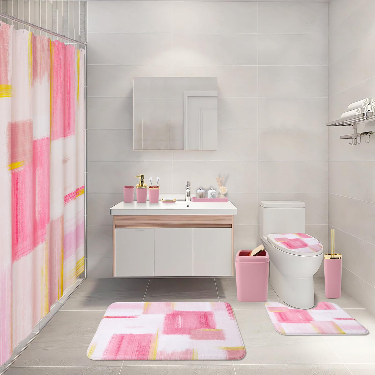 XLHOMO pink printed shower curtain adds a vibrant focal point and quick-dry performance.
