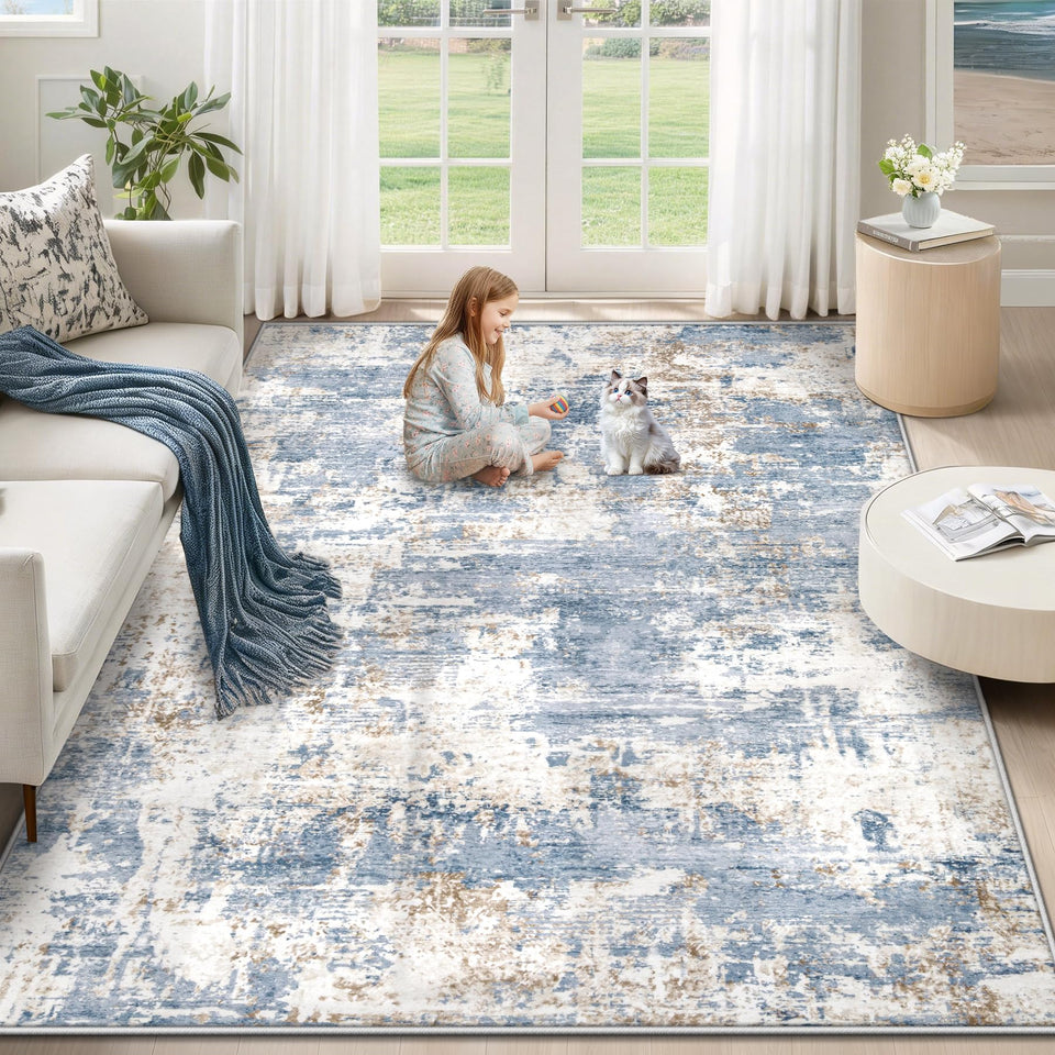 XLUEZ 5x7 area rug with blue abstract pattern, soft surface for living room comfort.