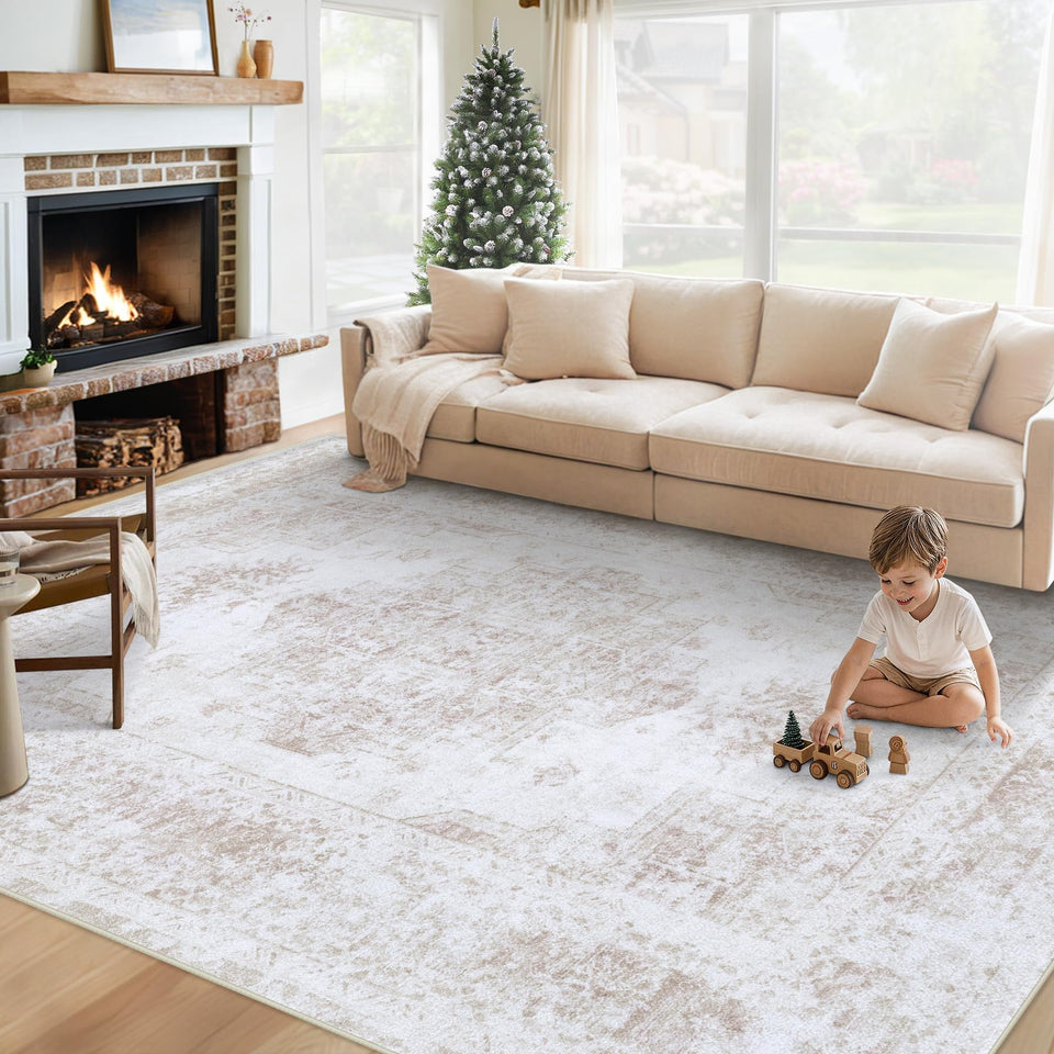 XLUEZ area rug medallion pattern in beige enhances living room ambiance.