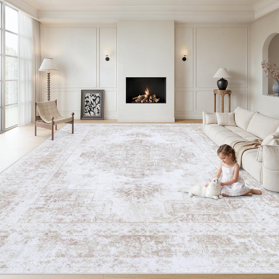 XLUEZ area rug beige vintage medallion enhances timeless living rooms