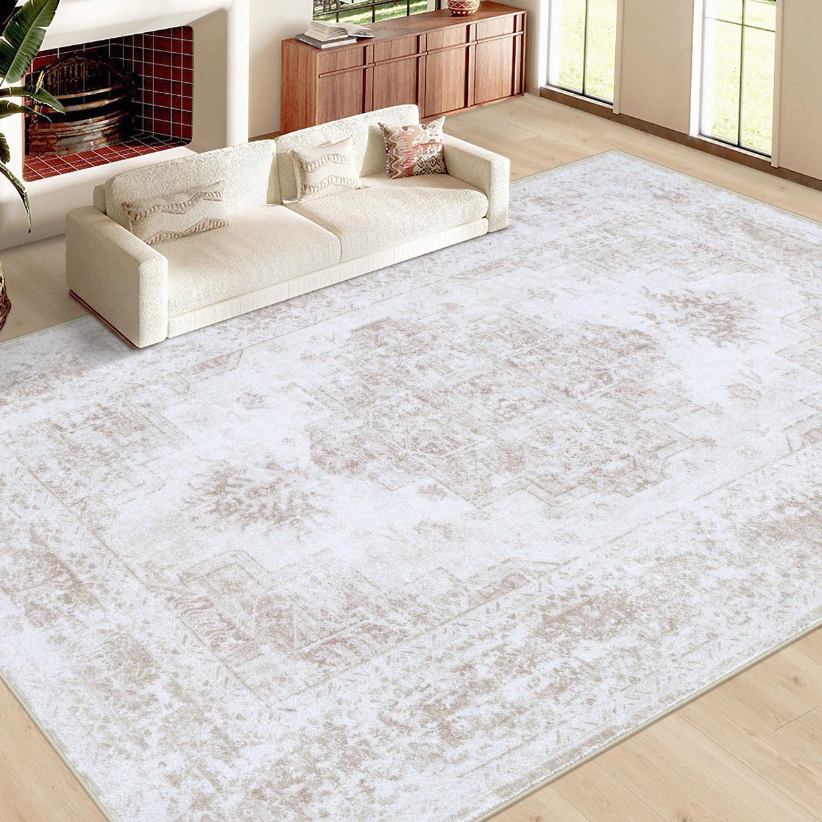 XLUEZ area rug machine-washable beige simplifies cleanup in busy homes.