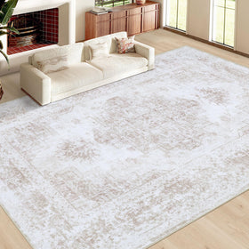 XLUEZ area rug machine-washable beige simplifies cleanup in busy homes.