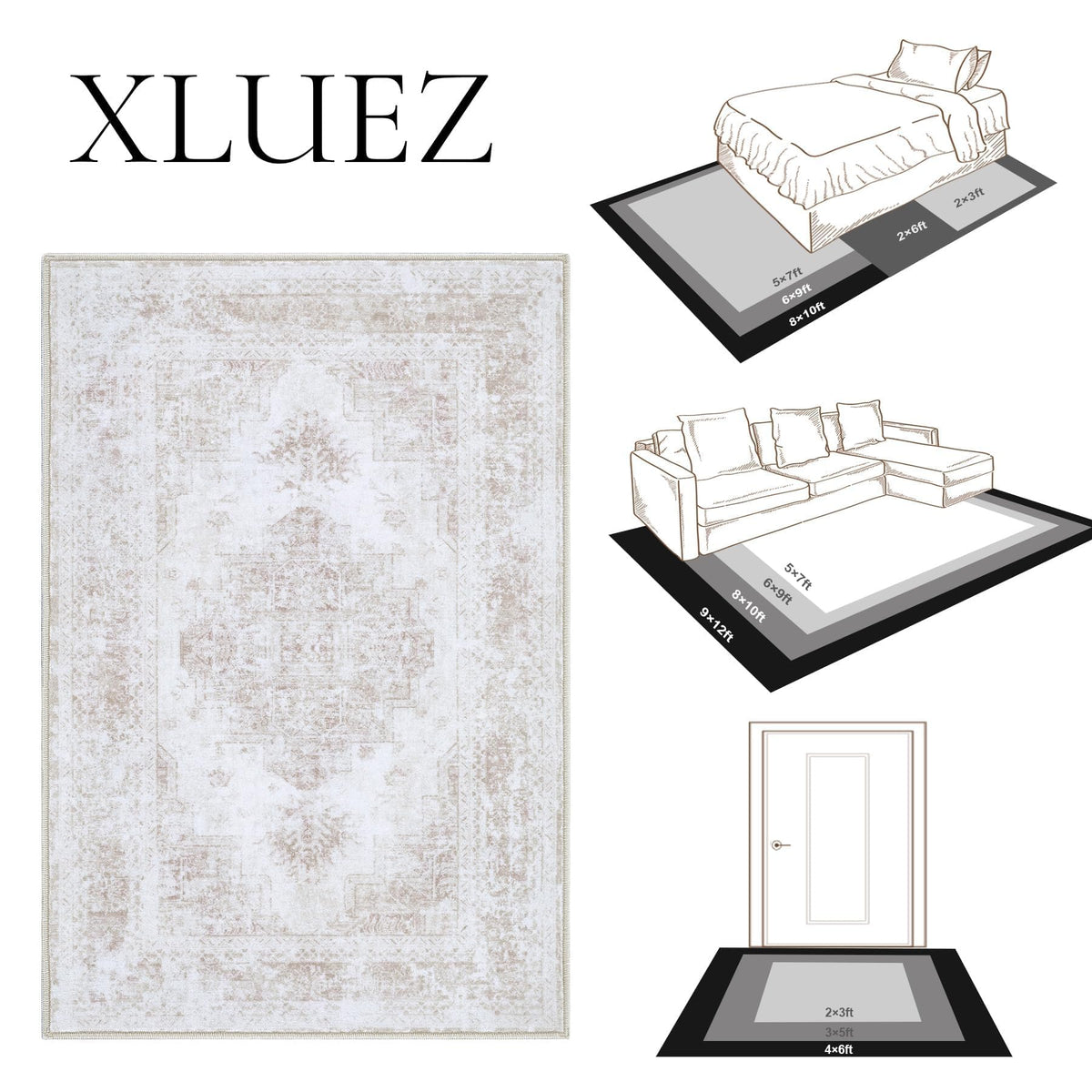 XLUEZ beige rug blends with varied decor styles