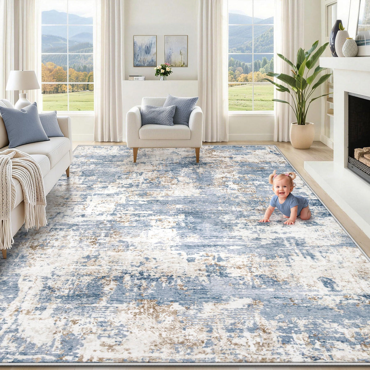 XLUEZ blue abstract rug with soft microfiber surface, ideal for living rooms
