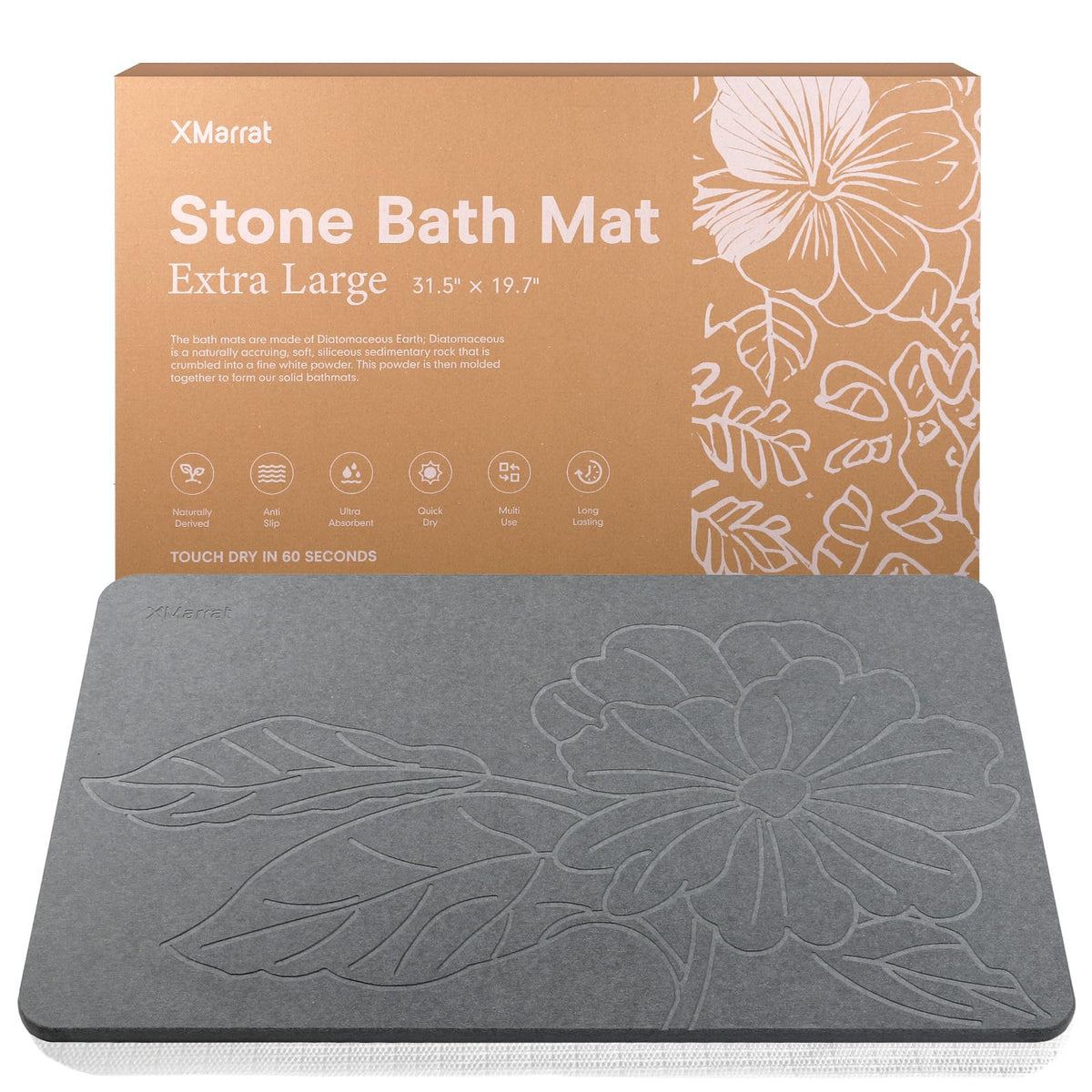 XMarrat extra-large stone bath mat demonstrates size for large bathrooms and quick drying.