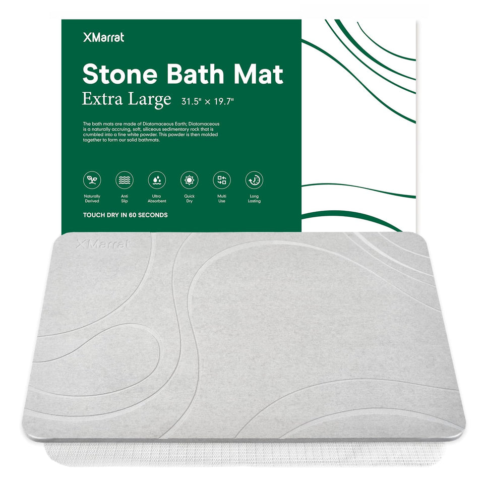XMarrat large stone bath mat front view, showing ultra-absorbent surface and gray finish.