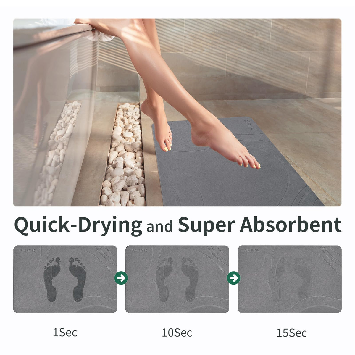 XMarrat Stone Bath Mat with anti-slip pad for stable footing after bathing