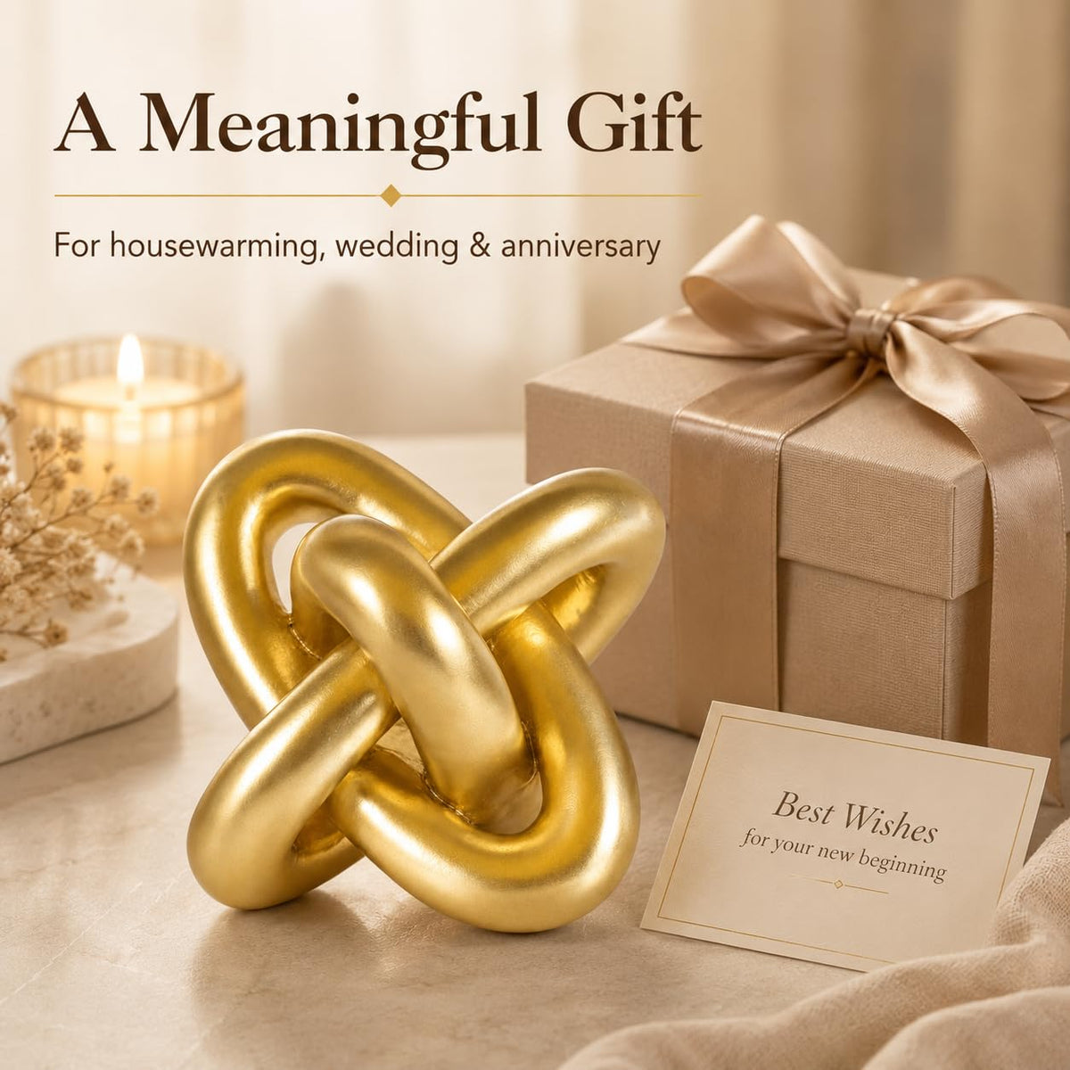 XMGZQ Gold Knot decor on a bookcase complements knickknacks.