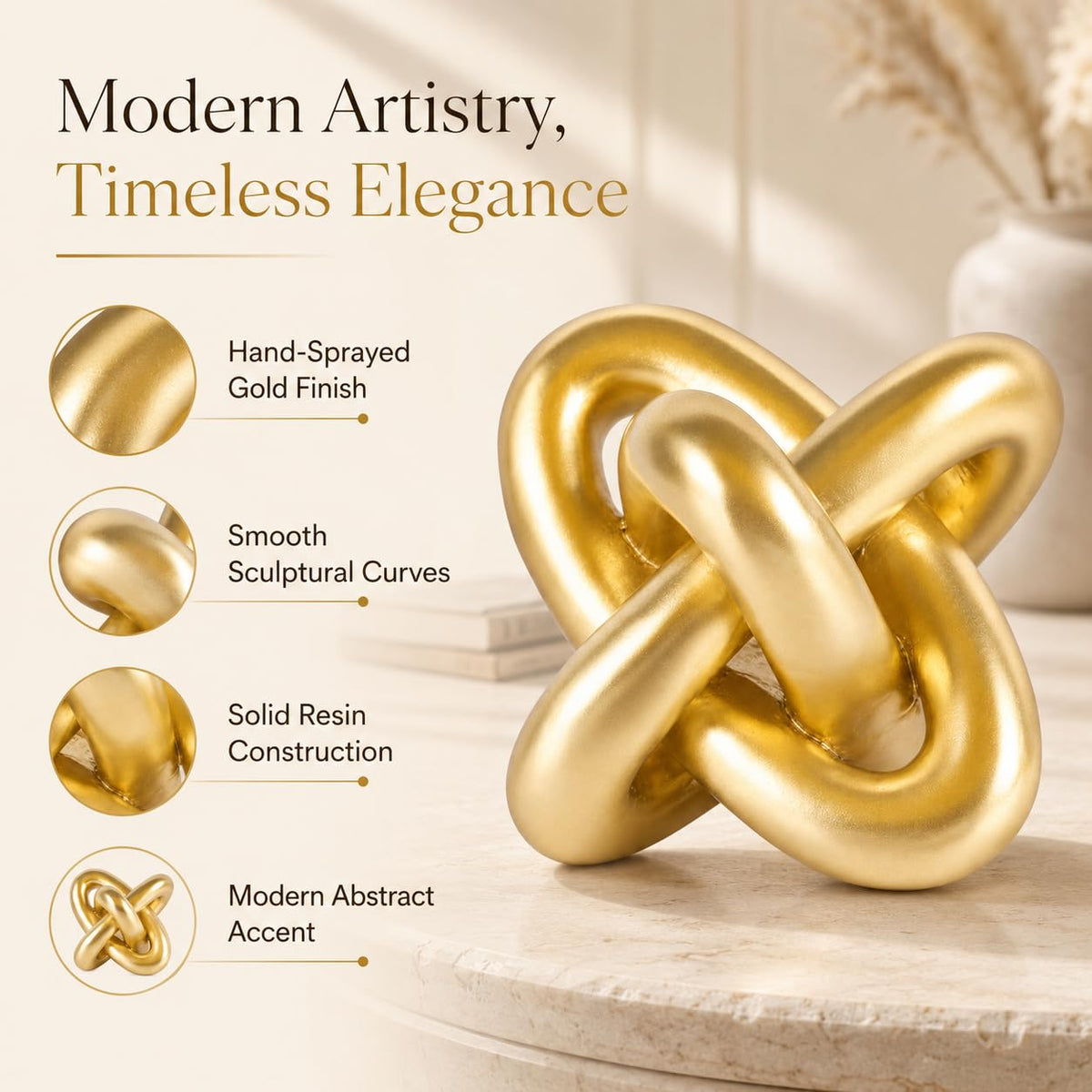 XMGZQ Gold Knot decor highlights chain-link texture on a shelf.