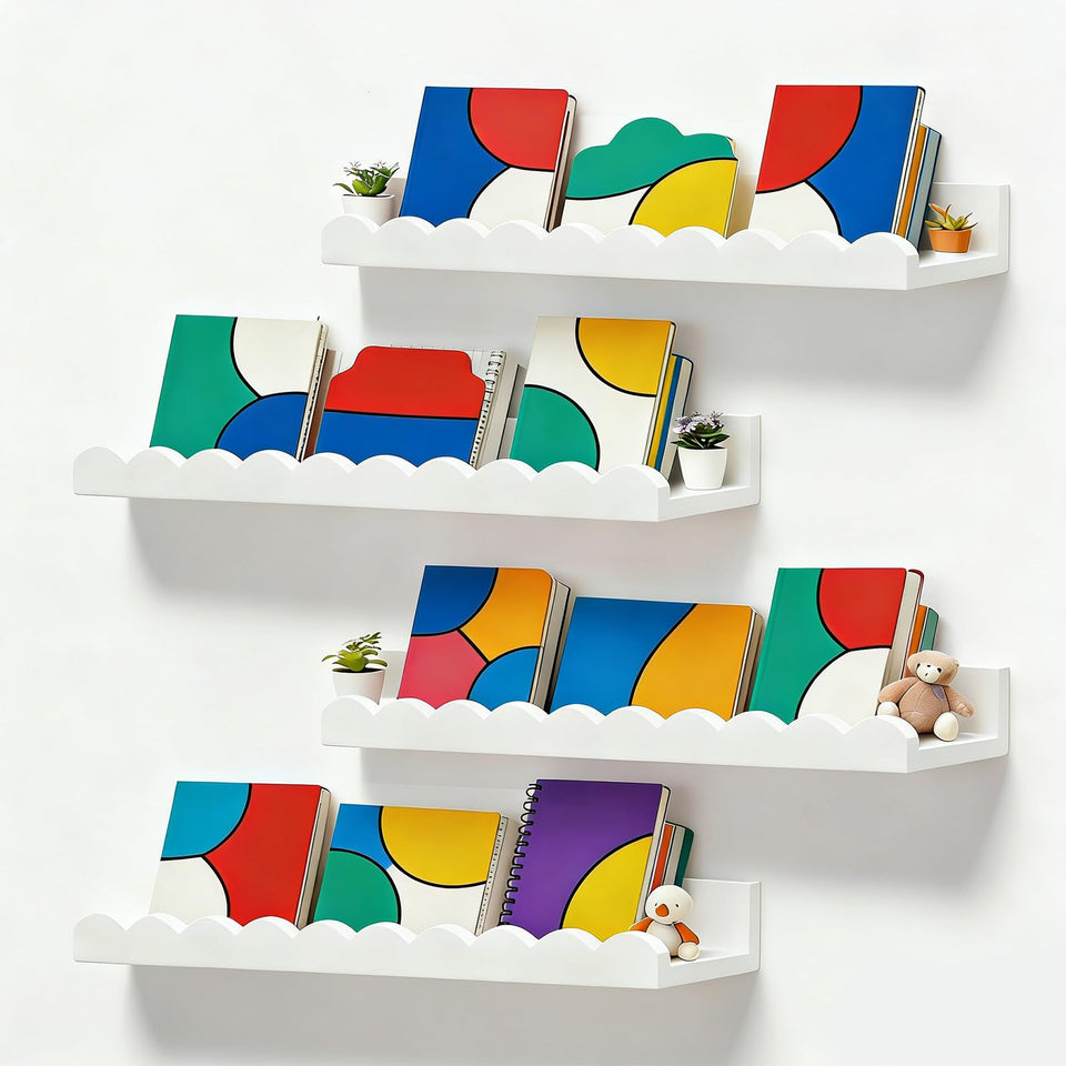 XNGZY nursery book shelves set of 4 wall-mounted for tidy kid's books.