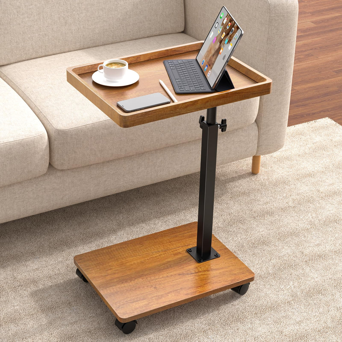 XNSDXV adjustable-height rolling side table beside the sofa for snacks.