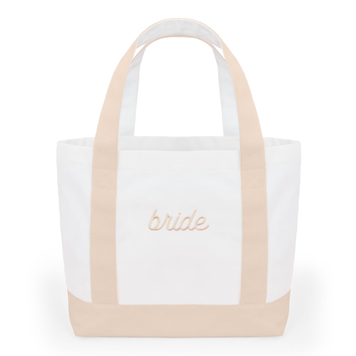 xo, Fetti neutral bride tote with beige script embroidery for chic bachelorette photos