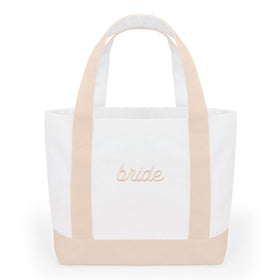 xo, Fetti neutral bride tote with beige script embroidery for chic bachelorette photos