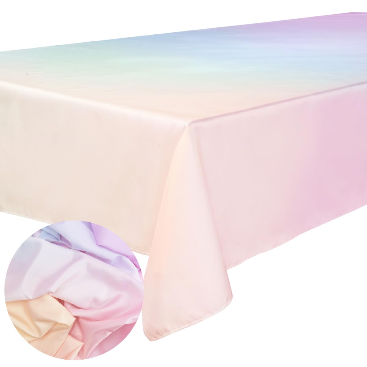 xo Fetti pastel gradient tablecloth spread on a long dining table for festive color
