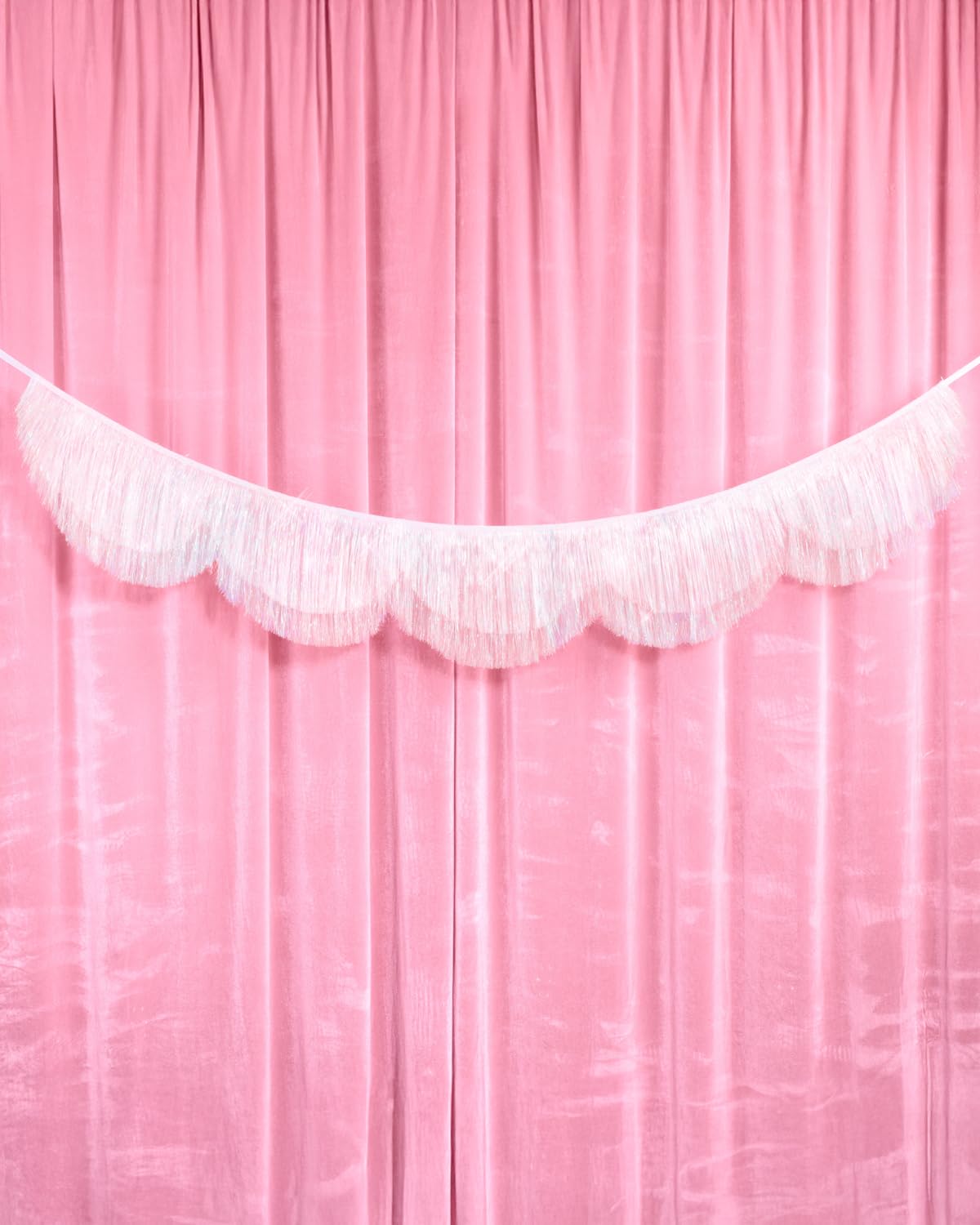 xo, Fetti white iridescent fringe banner enhances wedding décor with a dreamy shimmer